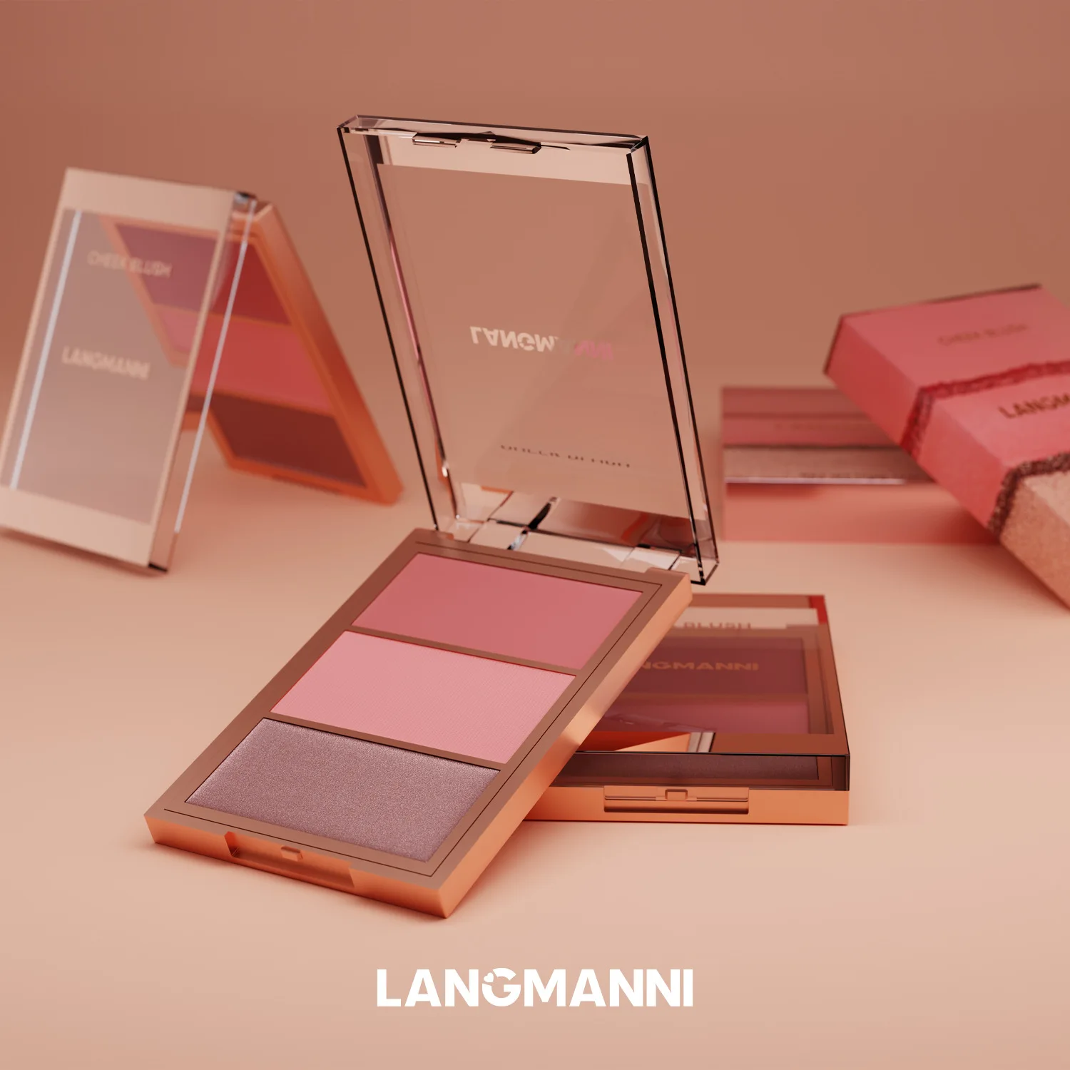 3-in-1 コントゥアリングブラッシュパレット - クリーム＆パウダーブラッシュ、コントゥア＆ハイライト、顔と目のための完全なルックを実現する積み重ね可能なカラー