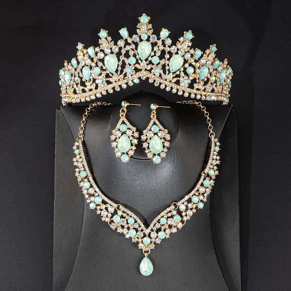 KMVEXO Gorgeous Crystal Opal Bridal Jewelry Sets Fashion Tiaras Earrings Necklaces Set for Women Wedding Dress Crown Jewelry Set view 2