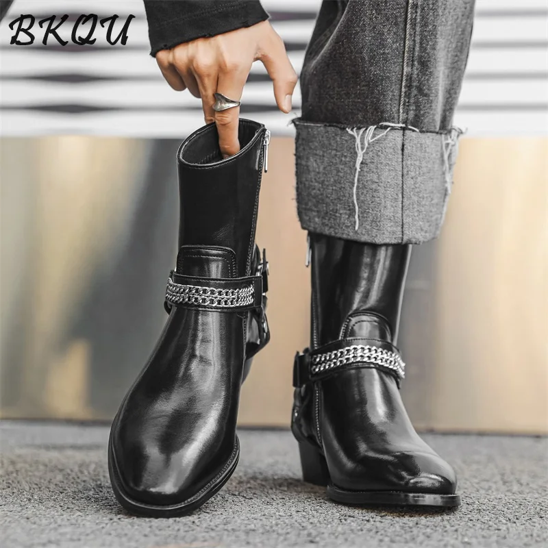 BKQU European Buckle Chelsea Boots for Men, 2025 Autumn Double-layer Leather Pointed Toe High-top Business Boots, Trendy Zipper - Image 3