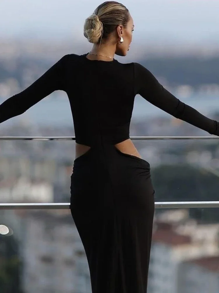 เสื้อผ้าผู้หญิง Hollow OUT Tie Knot ยาว Maxi สีดําชุดสุภาพสตรี 2025 Chic แขนยาวเอวสูงตัดชุดราตรี