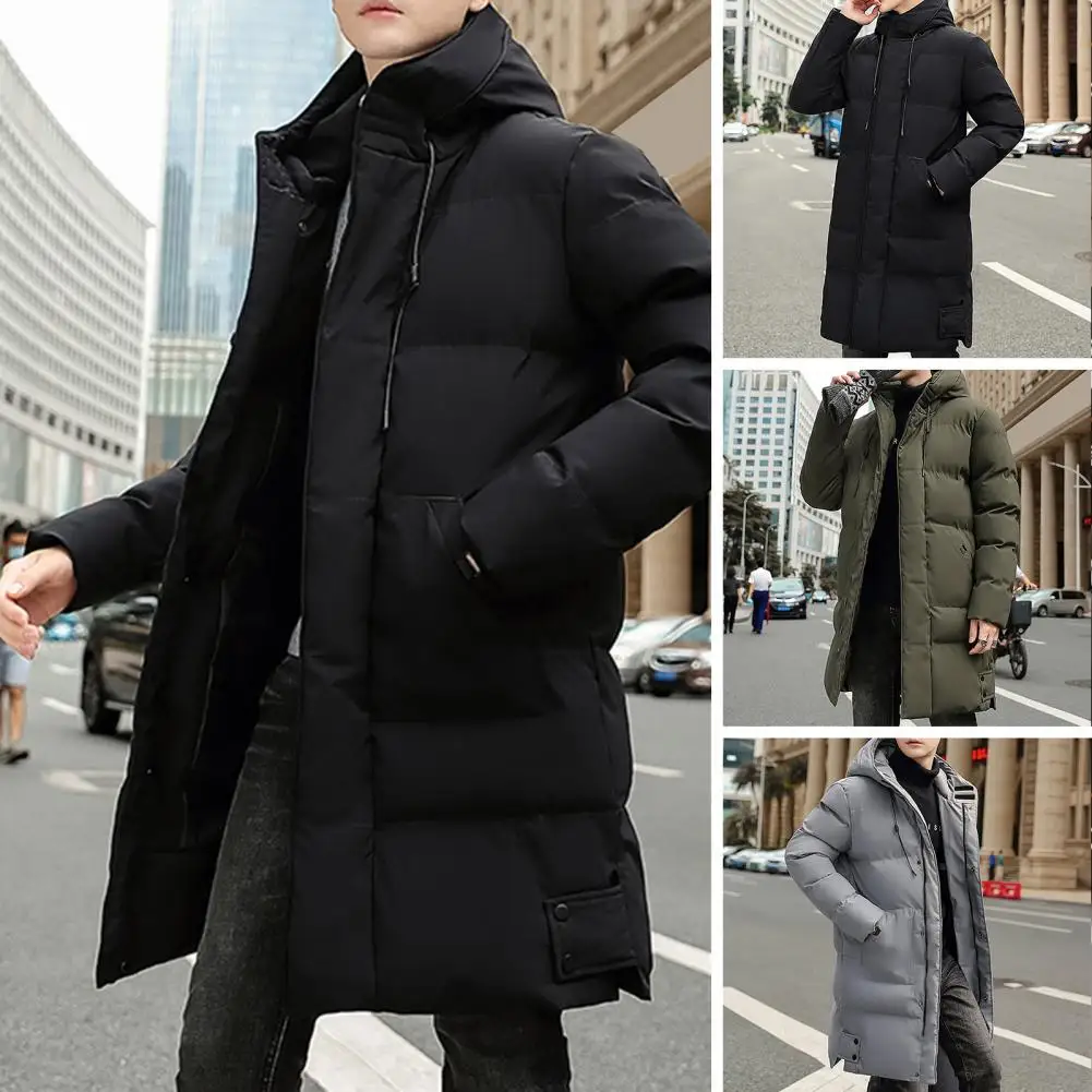 Hooded Zipper Placket Coat Cotton Coat Men's Hooded Cotton Puffer Coat with Drawstring Long Sleeve Mid-length Down Jacket Solid