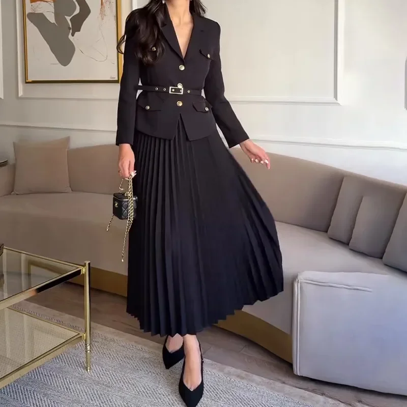 Women's Two Pieces Set Blazer Lady Pleated Long Dress 2025 Spring New in Matching Sets Button Temperament Elegant Women's Sets