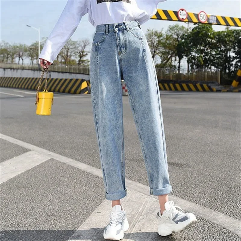 جينز نسائي عالي الخصر للتخسيس من قماش الدنيم على الطراز الكوري للارتفاع متعدد الاستخدامات للطالب مستقيم الساق جديد ربيع الخريف هارلان أبي لون #5