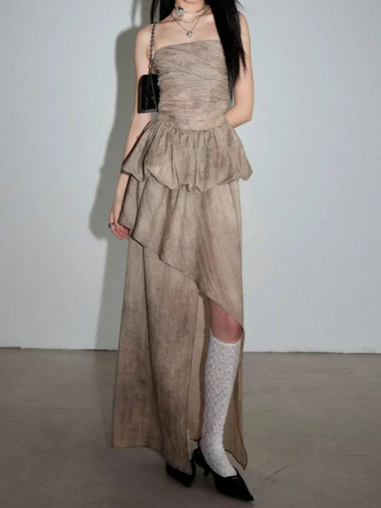 طقم قميص قصير أنيق مكون من قطعتين عتيق ثنيات من الخلف غير متماثل وتنورة طويلة عالية الخصر #2