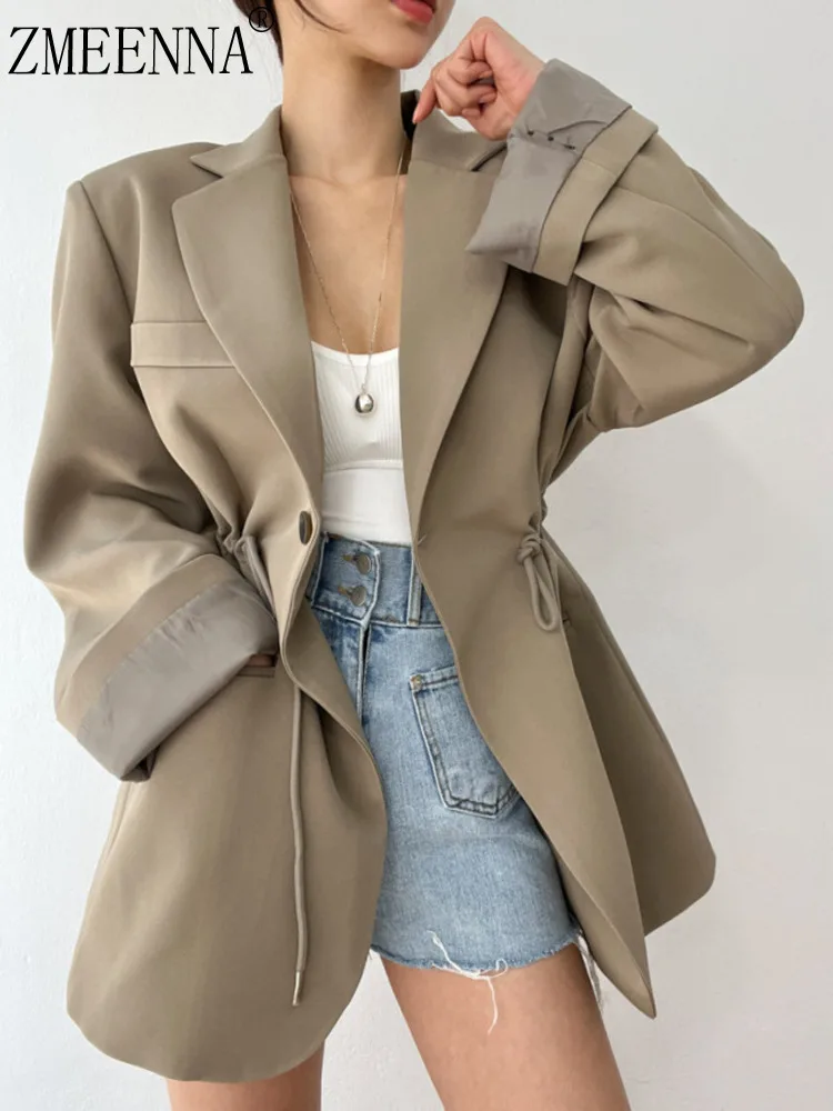 

ZMEENNA Warm Drawstring Waist Blazer For Women Stylish Long Sleeve Lapel Collar Casual Jacket Perfect For Office Wear ZM3578