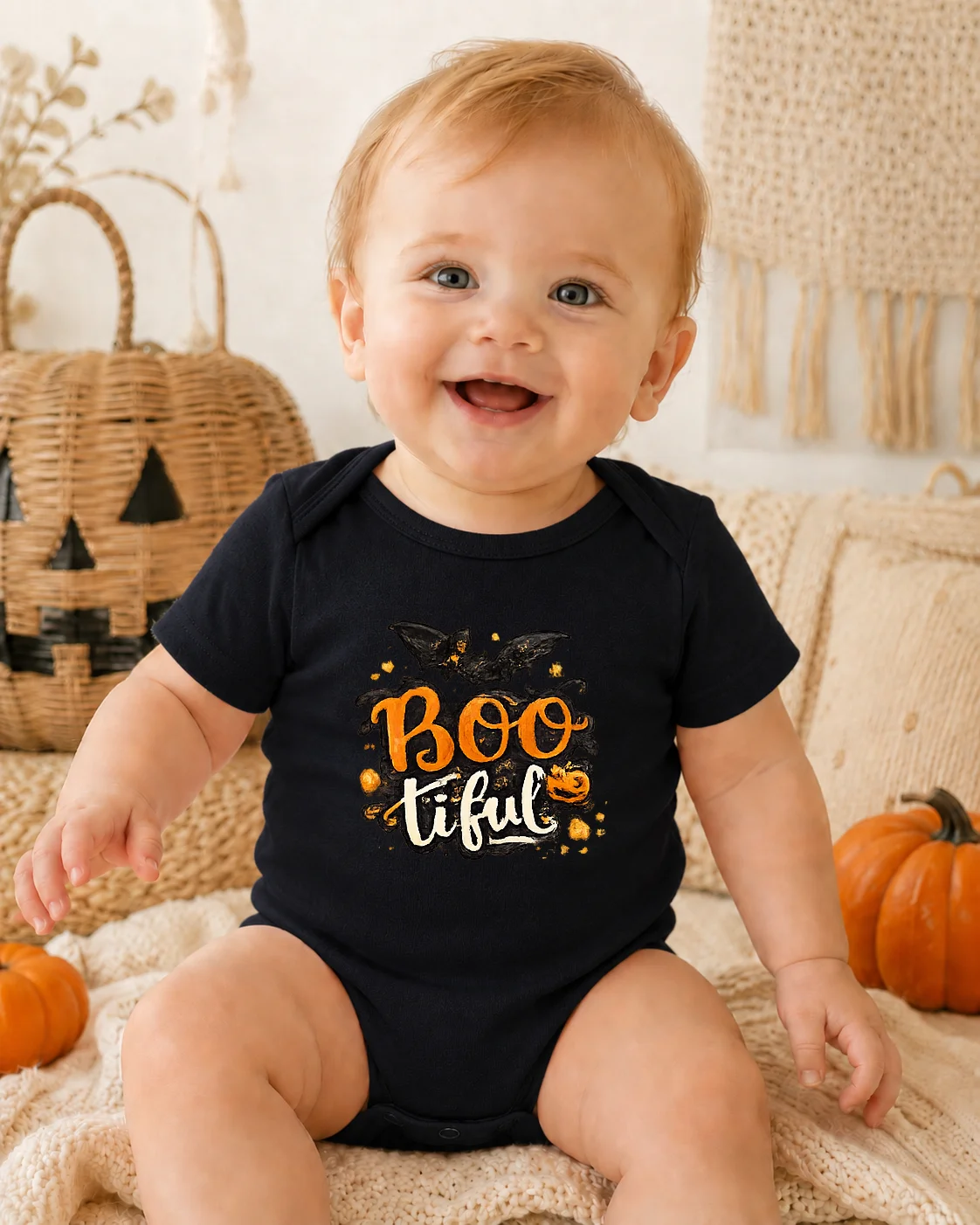 Baby Boo-tiful Halloween Onesie Infant Short Sleeve Bodysuit Bat Pumpkin Print Newborn Baby Boy Girl Romper Fall Halloween Photo
