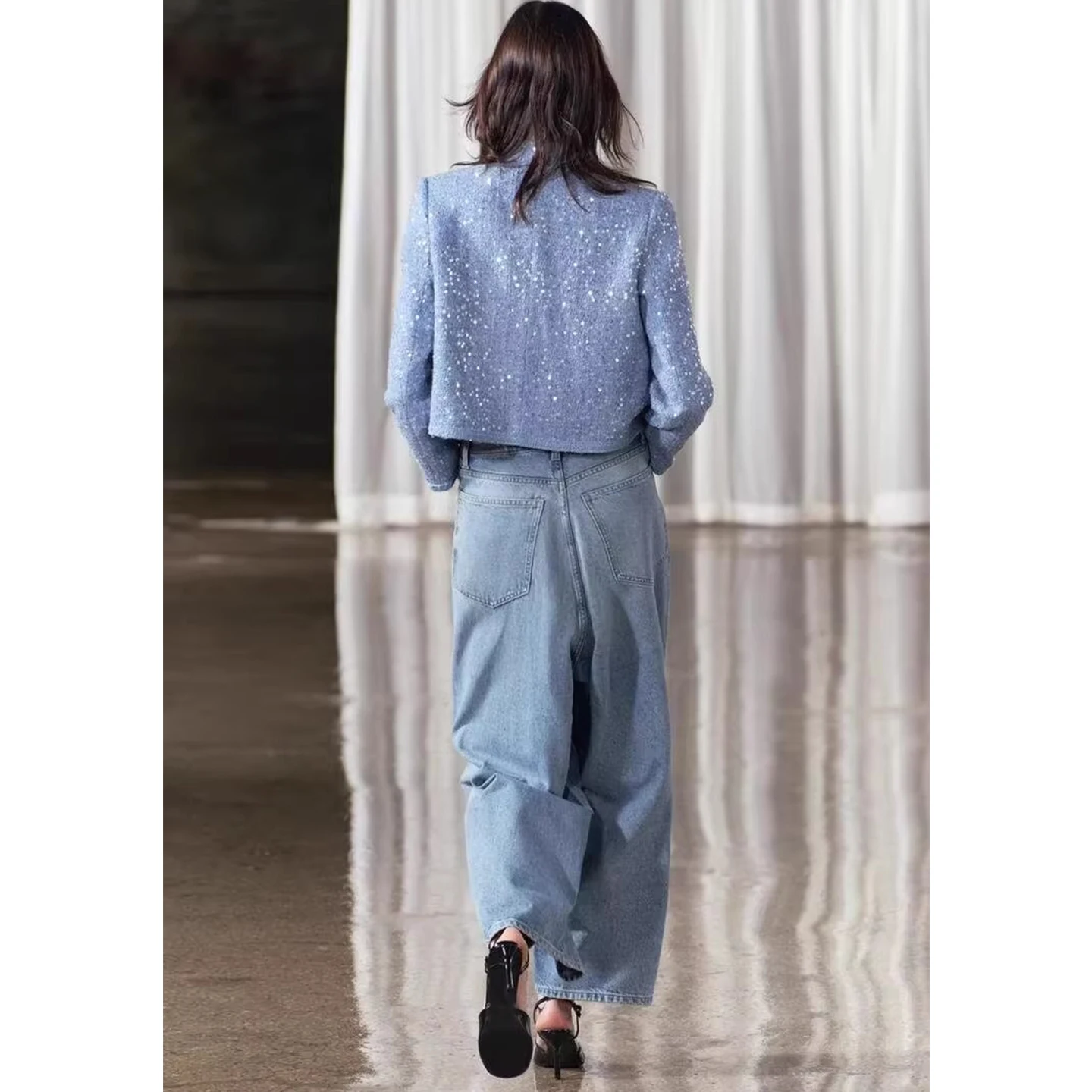 

Осень-зима Новый круглый Ne Long Sve с подкладкой и бусинами, украшенный ор Jaet, женский модный полиэстер прямого кроя F...