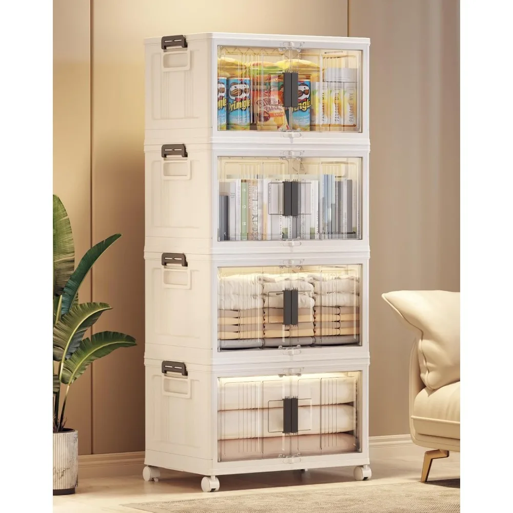 

Lockable Storage Bins with Lids - Folding Storage box with Doors and Wheels, Collapsible Plastic Storage Bins for Closets