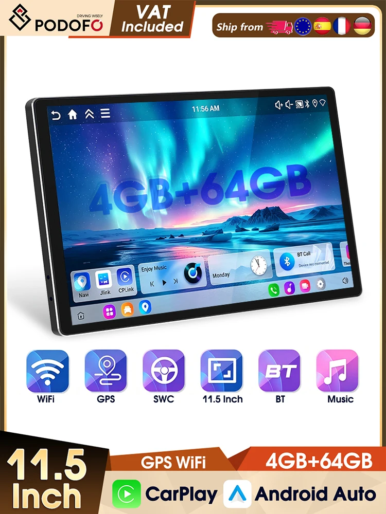 Podofo 11,5'' Android 4+64G Auto-Multimediaplayer Kabelloses Carplay Android Auto WIFI GPS FM RDS EQ Bluetooth Autoradio Stereo