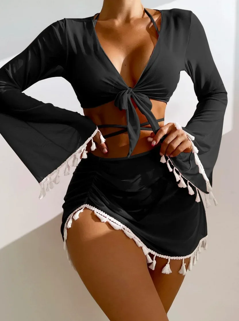 Four Pieces Swimsuit Bikini Set Cover Up For Women Halter Padded Bra Bathing Suit Long Sleeve Strappy Tassel Sarongs Beah Wear