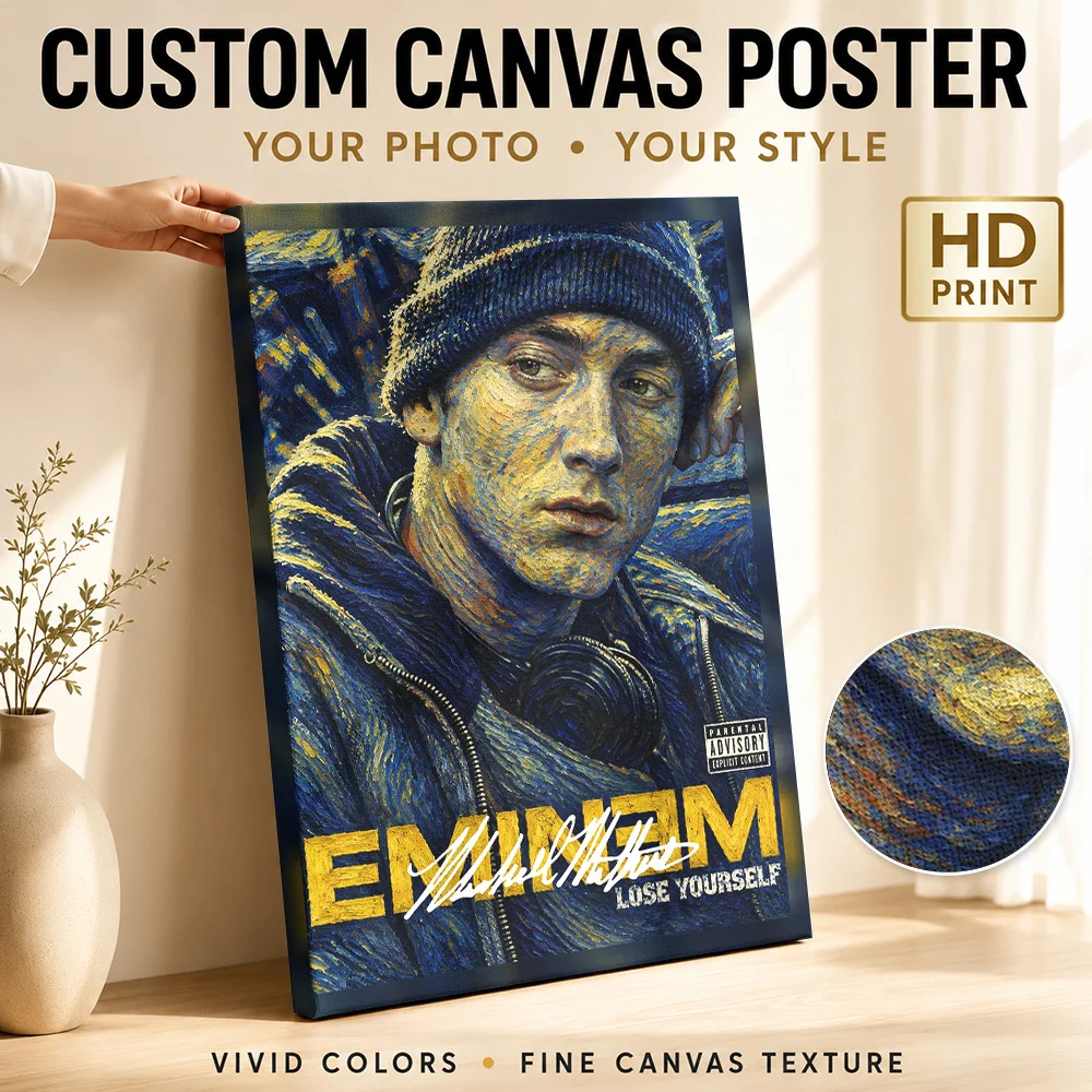 Eminem Lose Yourself Portrait Framed Canvas Poster Customized Photo Swirling Blue Brushstrokes Wall Art For Recording Studio