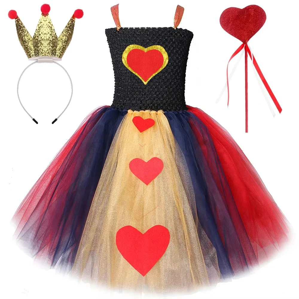 

Red Queen of Hearts Long Lined Dresses for Girls Halloween Christmas Costumes for Kids Full Length Tutus with Gold Crown Stick