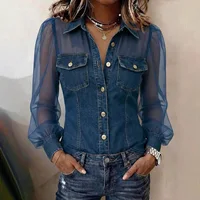 Casual Women's Denim Mesh Puff Sleeve Shirt Blue Jean Button Down Blouse with Pockets Sheer Sleeve Casual Vintage Blouse To
