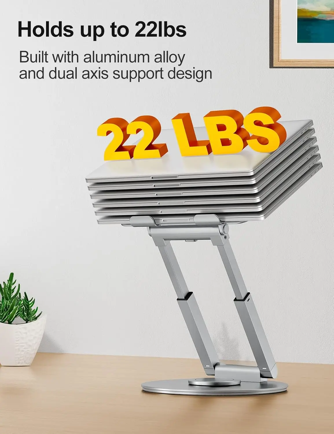 Telescopic Laptop Stand, 360° Swivel, Height Adjustable, Portable Riser for Good Posture, Fits 10-17' Laptops - Silver