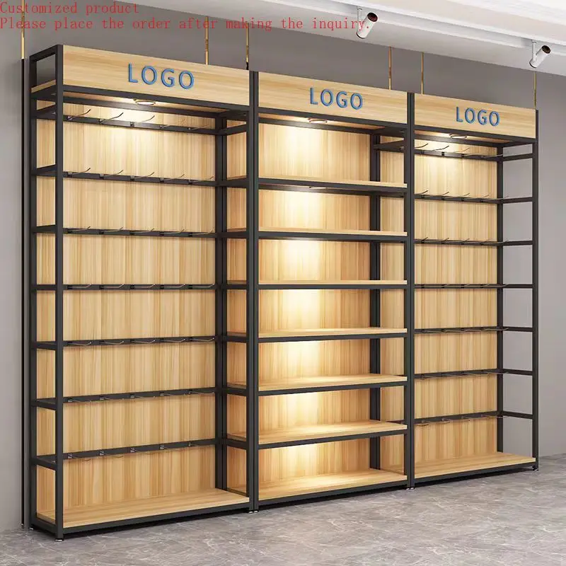 

Custom.Retail Store Wood Display Rack LED Lighted Metal Cosmetic Shop Stand Skincare Shelves