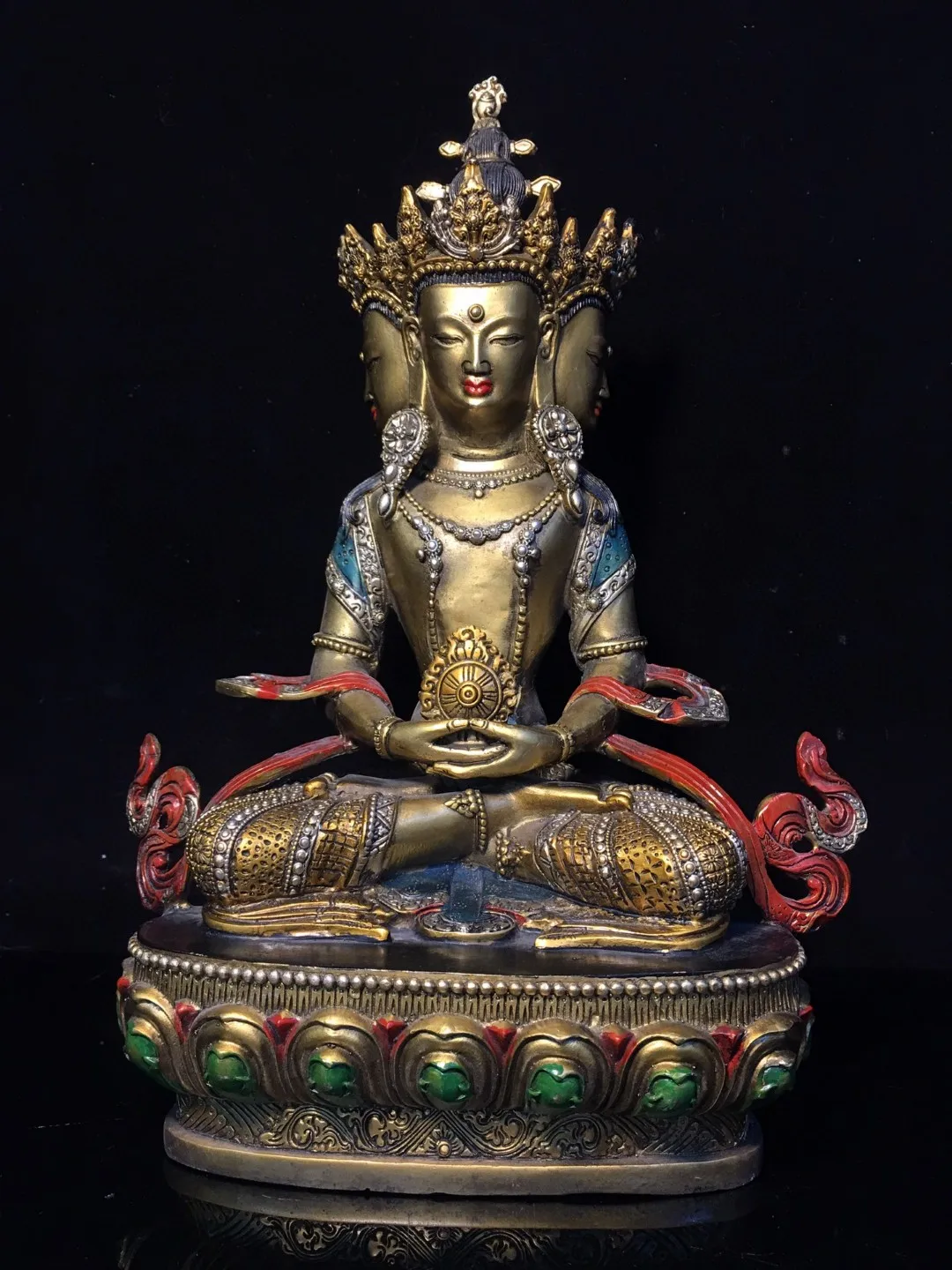 Nepalese Tibetan brass gilded pure copper four sided Guanyin Tara cinnabar painted Buddha statue ornaments for home and home use