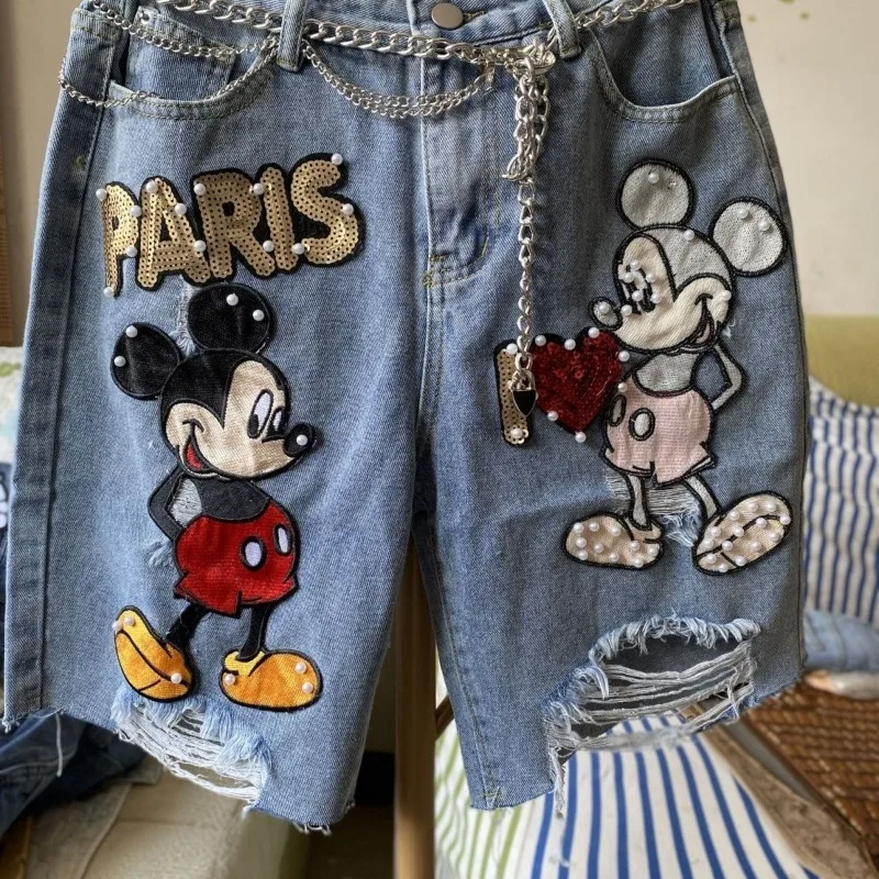 Schwere Industrie Cartoon Mickey Gestickte Hohe Taille Cowboy Shorts Frauen Sommer Plus Größe Lose Slimm 5/5 Gerade Bein Hot Pants
