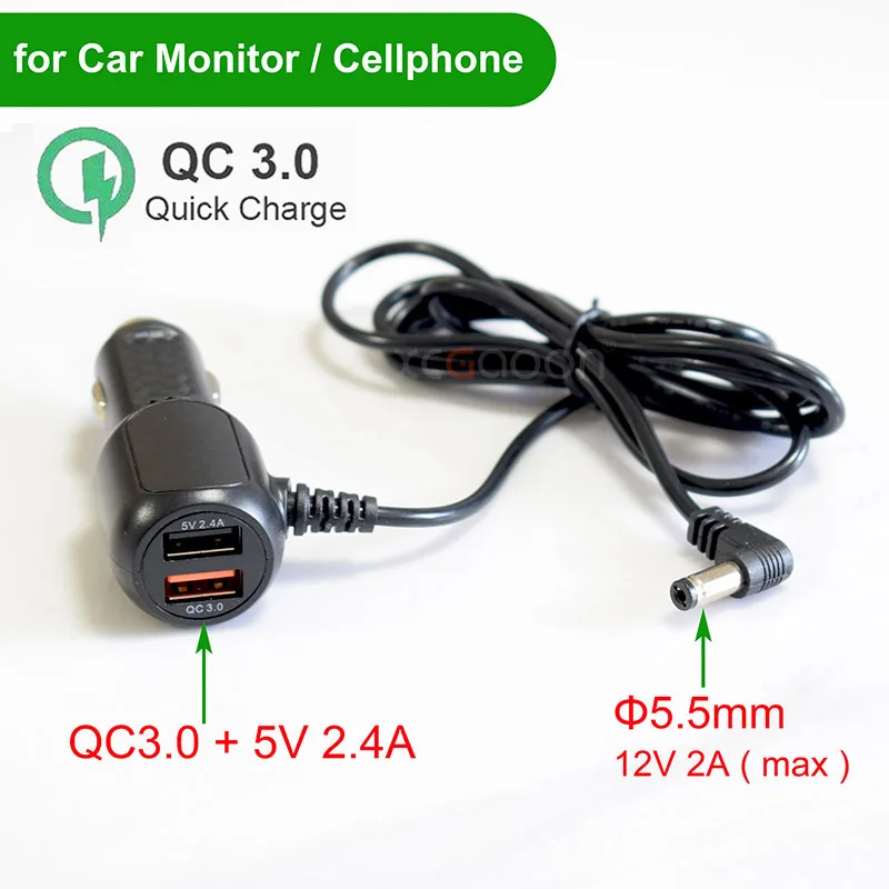 DC 12V 2.0A (Max) Diameter 5.5mm X 2.1mm Charging Port With QC3.0 USB Quick Fast Car Charger Adapter for Car Monitor & Cellphone