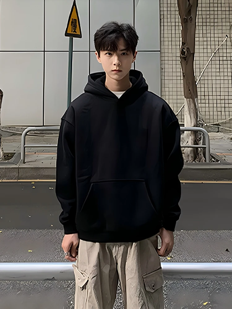 

Black Fleece Lined Hoodie Men's Autumn Winter Casual Loose Fit Long Sleeve Sweatshirt with Hat Cleanfit Jacket Premium Feel A...