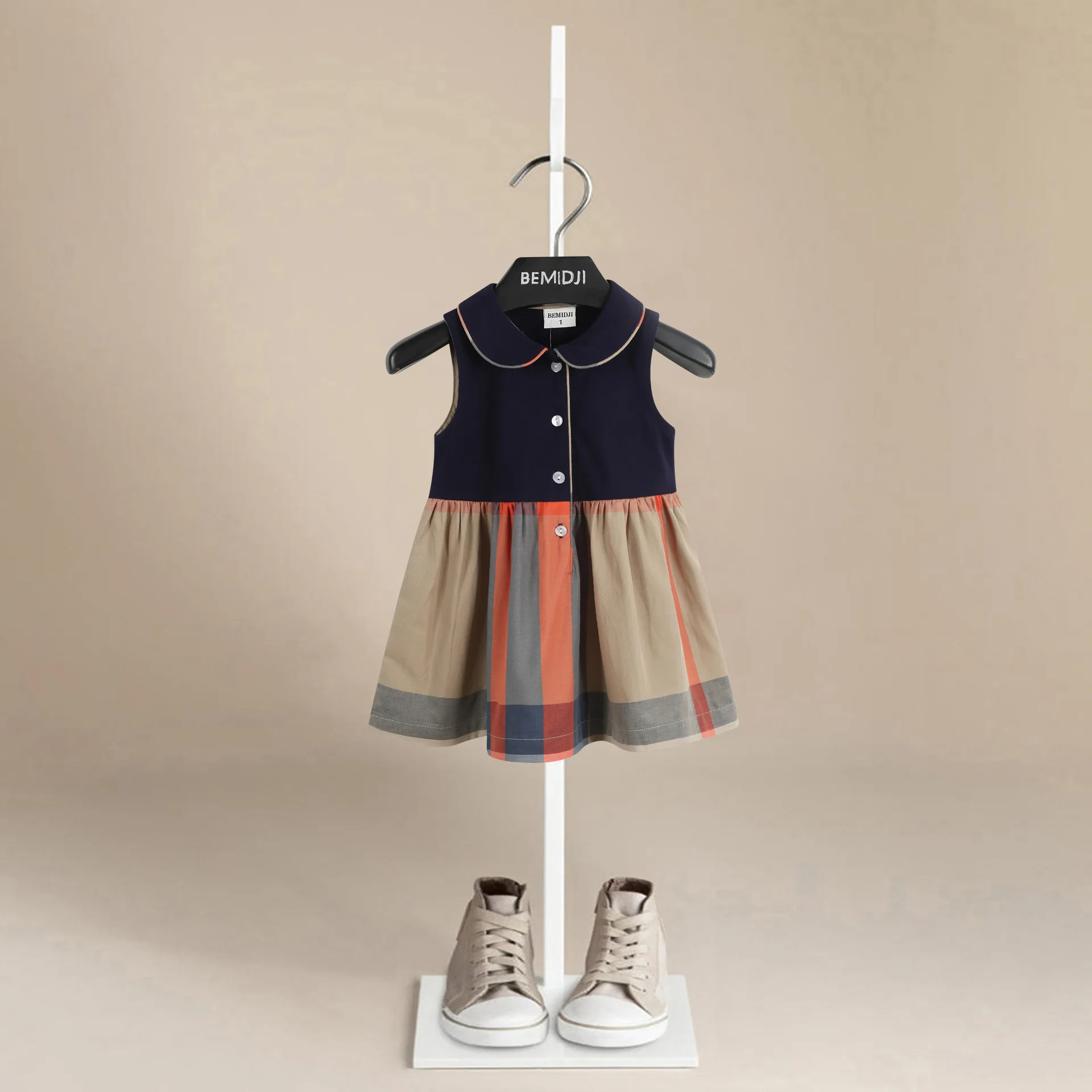 

Летнее платье для девочек без рукавов, в стиле принцессы, с полосатыми вставками и пуговицами, детский праздничный костюм, одежда для малышей и детей ясельного возраста