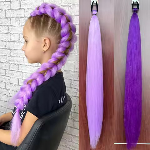Synthetic 28Inch Long Straight Ponytail Purple DIY Braided Ponytail With Rubber Band Halloween Hair Accessories For Woman