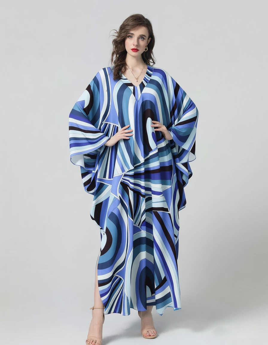 Women's Blue Abstract Print Kaftan Maxi Dress V Neck Flowy Loose Fit Summer Beach Coverup Robes