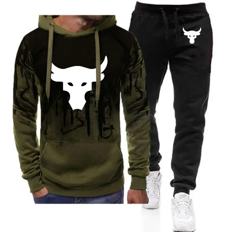 Dwayne Johnson Brahma Bull Tattoo Logo Print Spring Autumn Men's Tracksuit Casual Gradient Color Pullover+Jogging Sweatpants Set