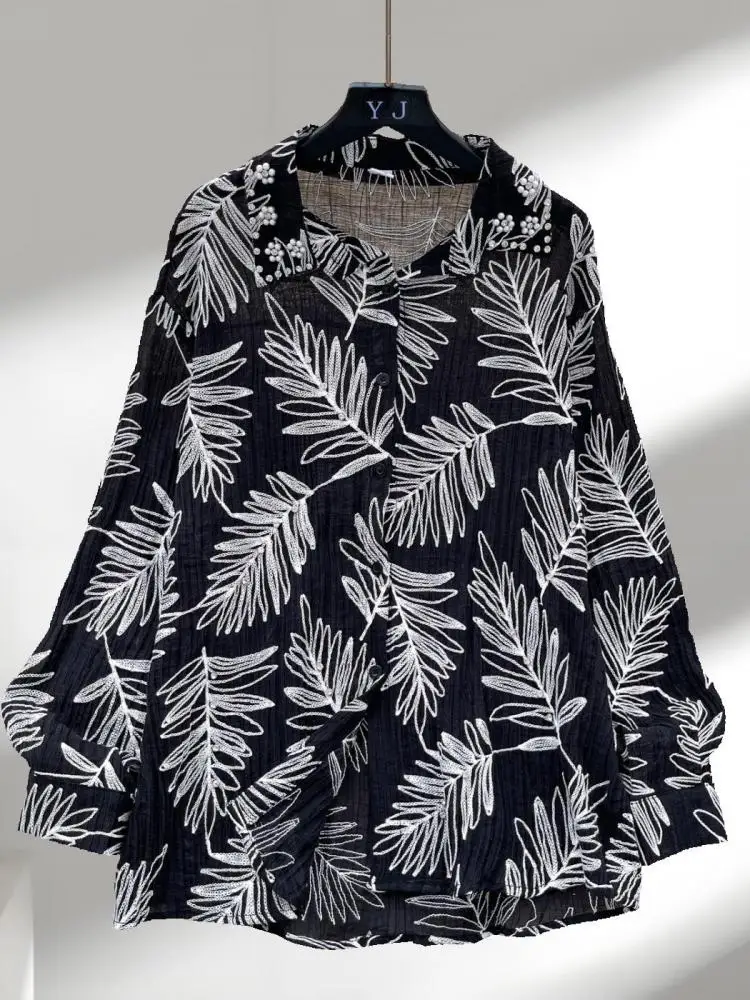 

Korean Fashion New Embroidery Diamond Patchwork Single Breasted Shirt Women Autumn Long Sleeve Retro Elegant Tops Trendy Blouses