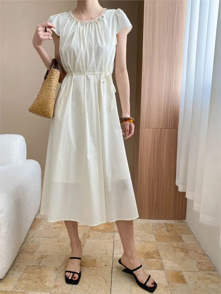 Sukienka damska letnia w stylu świątecznym 2025, codzienna, plażowa, jednolita, z koralikami, okrągły dekolt, krótki rękaw, midi, boho, vestidos