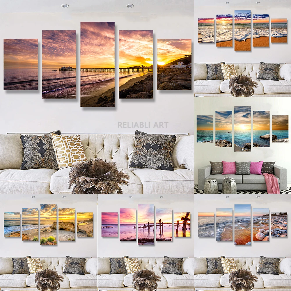 5 Pieces California Malibu Seascape Pictures Canvas Painting Wall Art Sea Sky Beach Landscape Posters Prints Living Room Decor