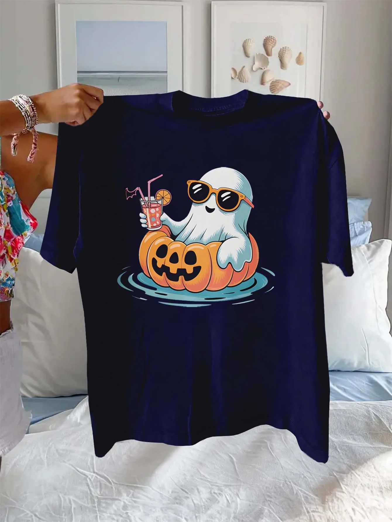 

Плюс размер Хэллоуин призрак тыква поплавок напиток графический шикарный топ