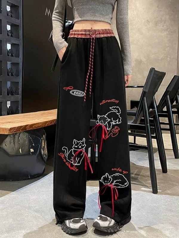 

Loose Straight Leg Pants with Bow Tie Wide Leg Print Casual Trousers for Men And Women Autumn Winter Faion Comfortable