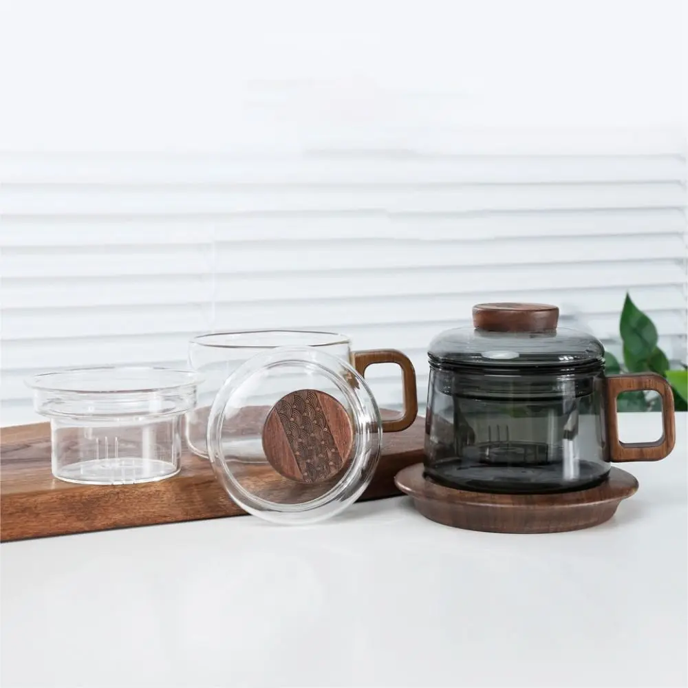 

200ml High Borosilicate Glass Tea Cup Wooden Handle Anti-Scalding Tea Separation Mug Heat Resistant with Lid Kung Fu Tea Set