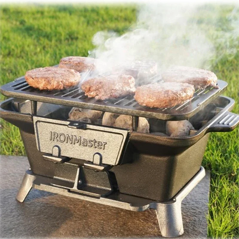 Cast Iron Charcoal Barbecue Oven Outdoor Camping BBQ Stove Uncoated Tea Cooking Picnic Grill Durable Outdoor Cooker