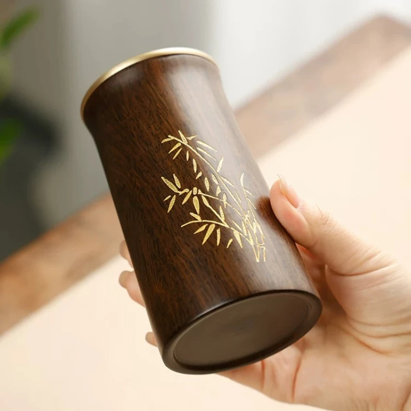 ✨ Zen Style Ebony Wood Pen Holder with Brass Inlay Orchid Carving Wooden Desk Organizer Calligraphy Brush Pot Office Decoration