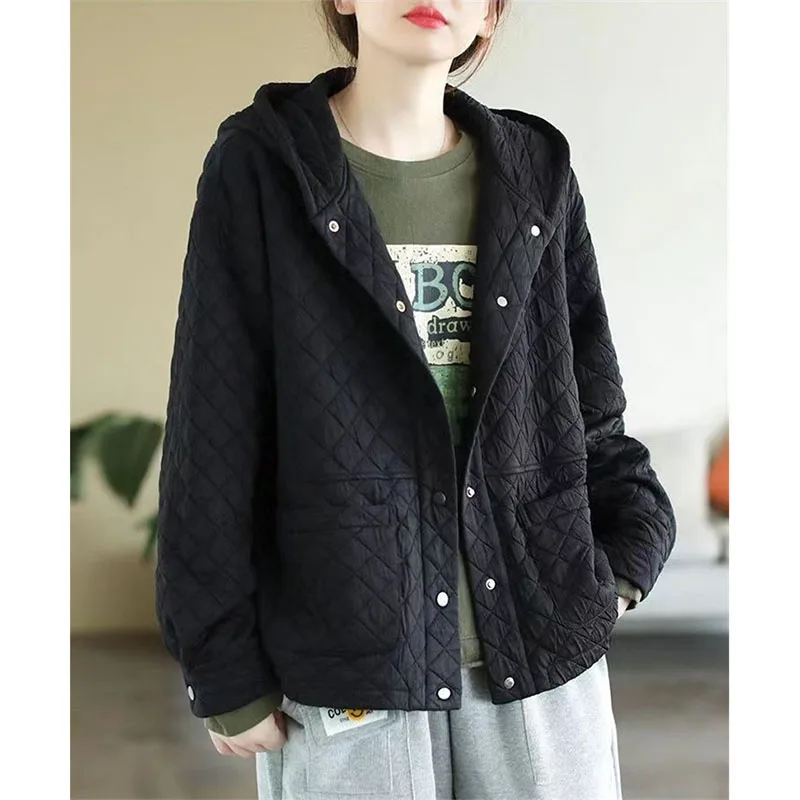 Vintage Hooded Quilted Cotton Coat Women 2024 Spring Autumn Winter Jacket Short Loose Casual Warm Thin Cotton Outerwear Female