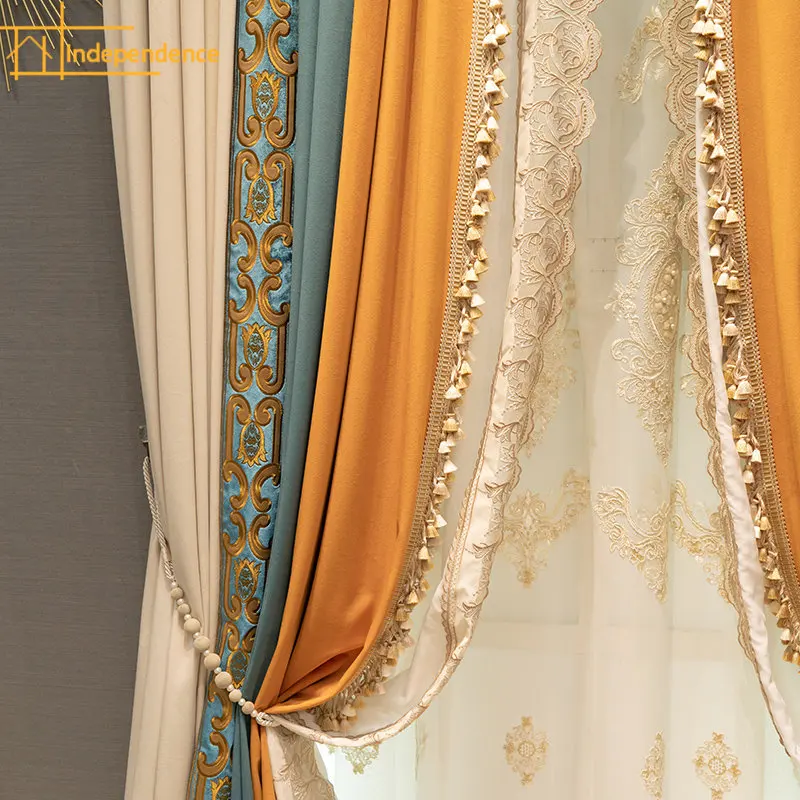 

European-style new velvet cloth light luxury solid color blackout embroidery flower Curtains for Living dining room bedroom