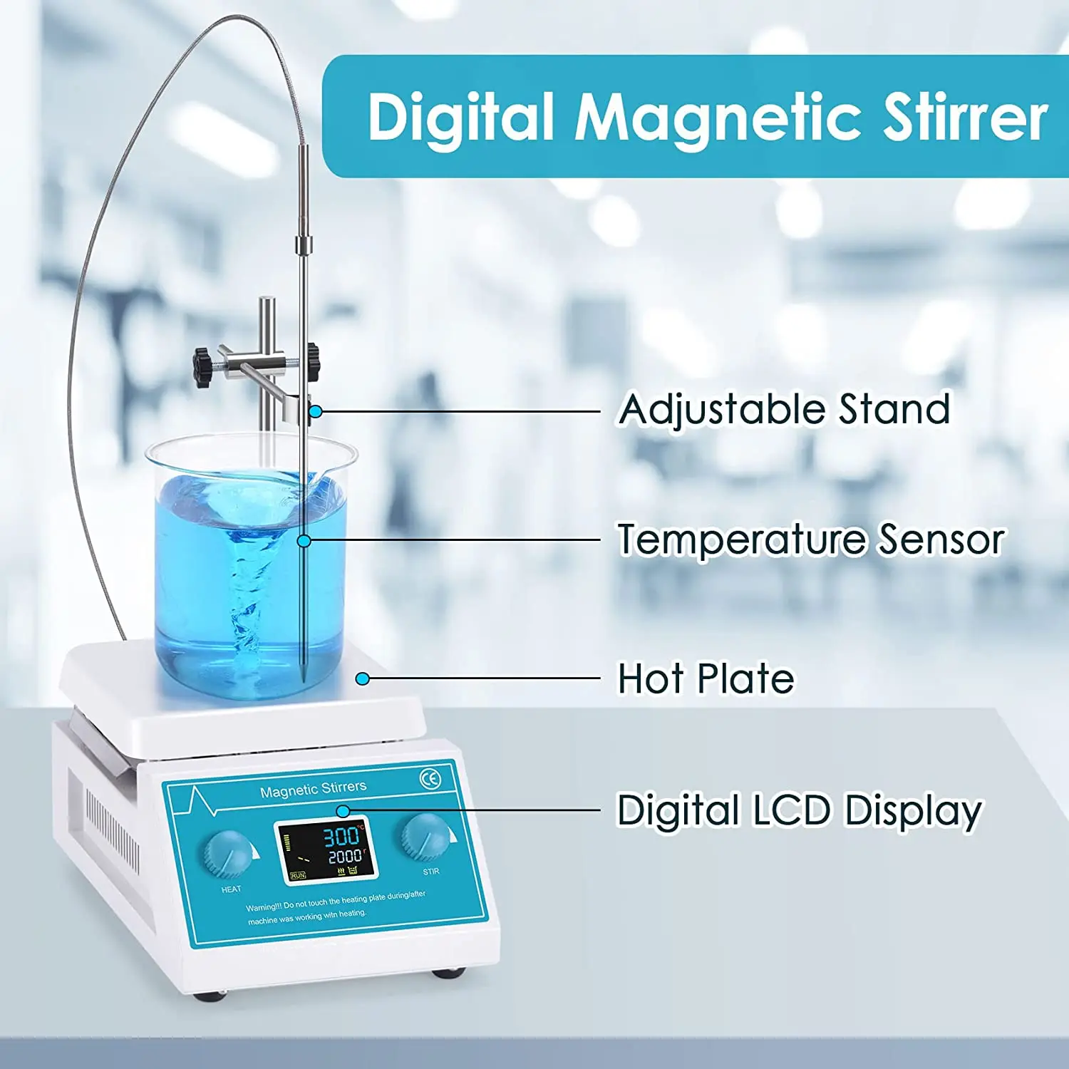 Stir Bar, Temp Sensor And Support Stand, Max 572 F 5000ml Mixer 2000 RPM, Magnetic Stirrer Hot Plate With LED Digital Display