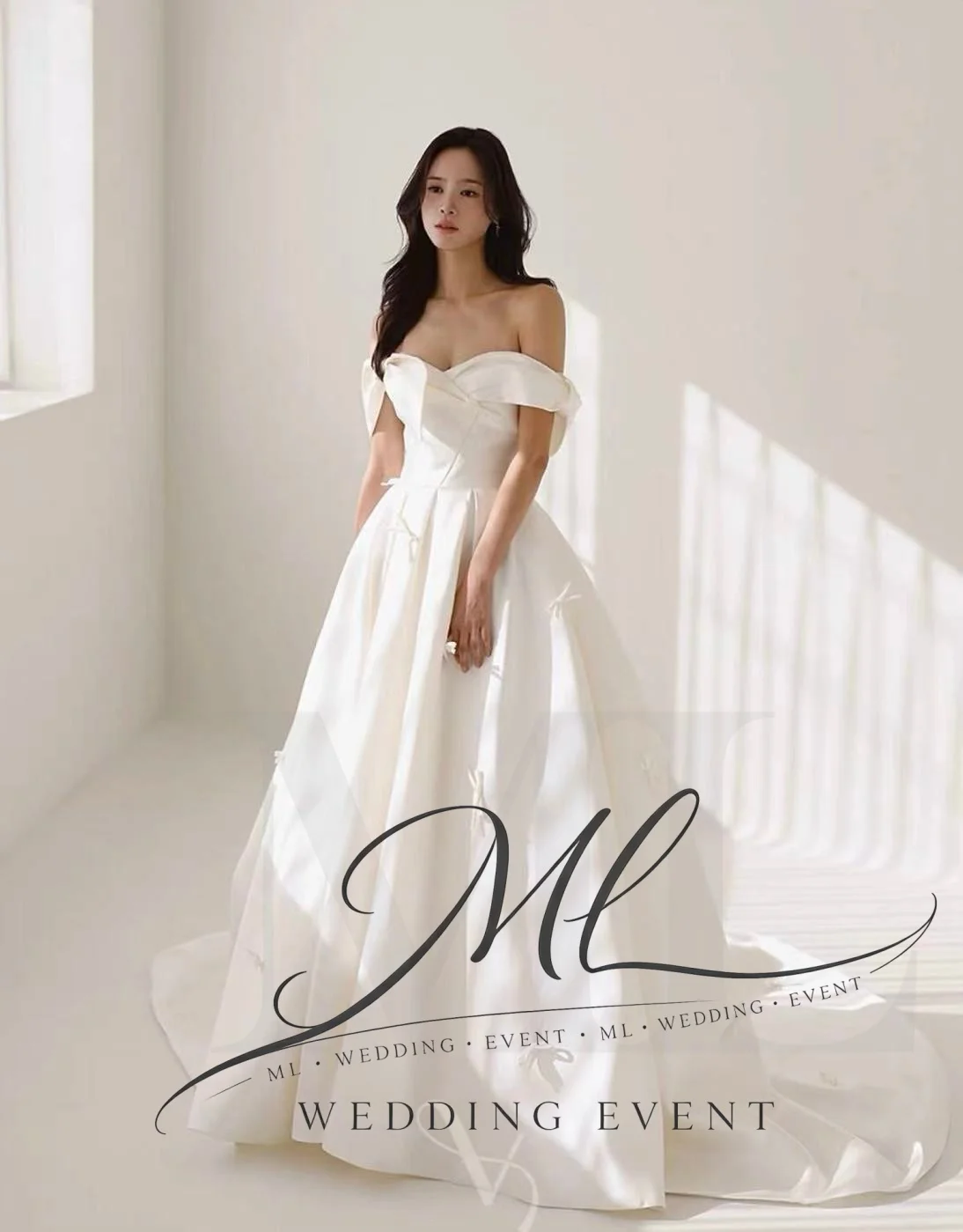 ML Charming Wedding Dress Sweetheart Off Shoulder Bow Ivory Satin Korea Photo Shoot Bridal Reception Gown Customized  웨딩드레스