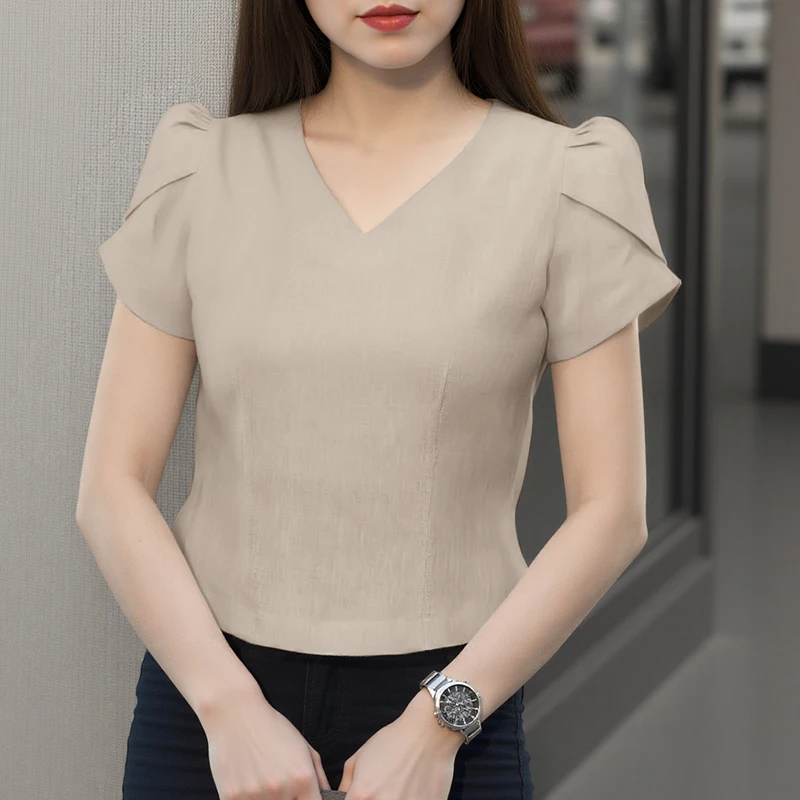 ZANZEA بلوزة صيفية قصيرة الأكمام منتفخة بلوزات نسائية موضة الربيع قمصان بلون واحد مثيرة على شكل حرف v بلوزات غير رسمية ملابس الشارع