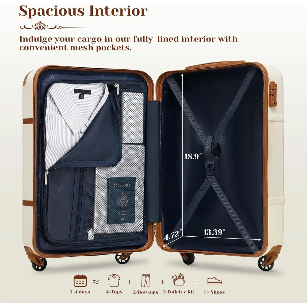 Ensemble de valises rigide Spinner 3 pièces avec serrure TSA, poignée télescopique, bagage à main, ensemble de bagages de voyage blanc