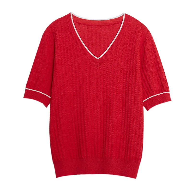 Vintage Knit Sweater T-shirt Women 2024 Summer Striped Elegant Fashion Ladies Knitwear Tee Short Sleeve O-neck Jumper Y2k Top