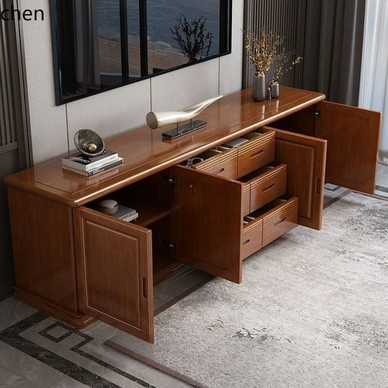 TV Cabinet and Coffee Table Set, Solid Wood, Modern Minimalist Living Room, Elevated TV Cabinet with Back