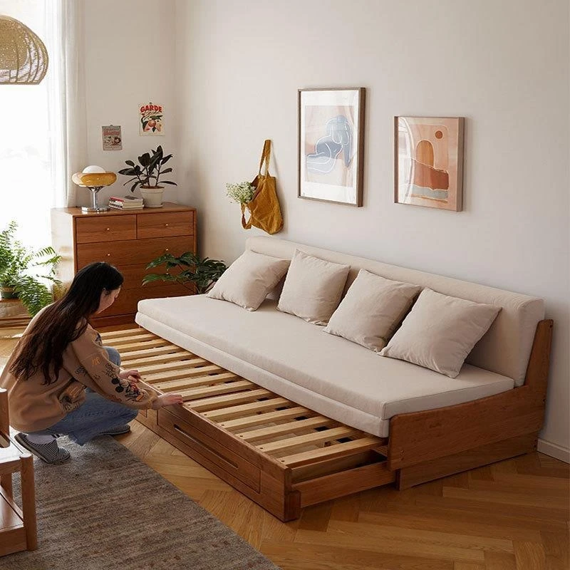 Cherry wood sitting and lying dual-purpose, sofa bed all solid wood pull-out type, small apartment storage technology cloth