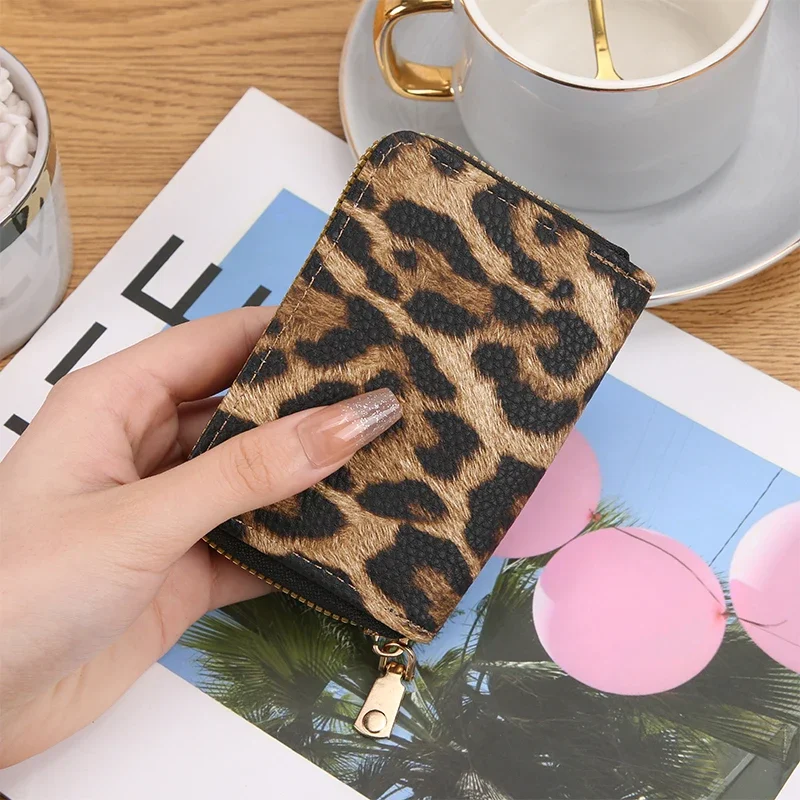 New Leopard Pattern Multi slot Double Pull Organ Card Bag Short Zero Wallet Document Bag Card Cover Multi slot Zipper