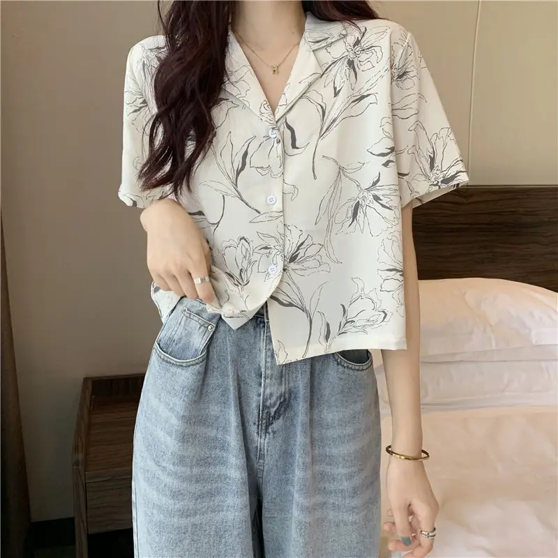 Short Sleeve Printing Blouse Polo Neck Button Thin All-match Short Casual Shirt Tops Summer New Fashion Trend Women Clothing