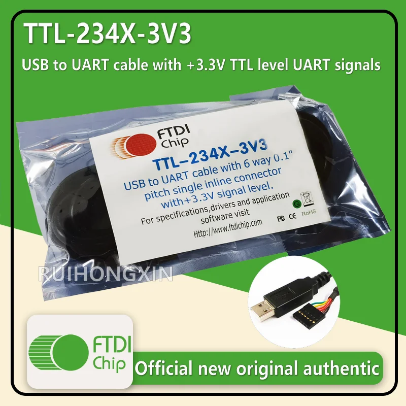 TTL-234X-3V3 FTDIchip data cable USB to UART cable with +3.3V TTL level UART signals 6 pin SIL, 0.1” pitch