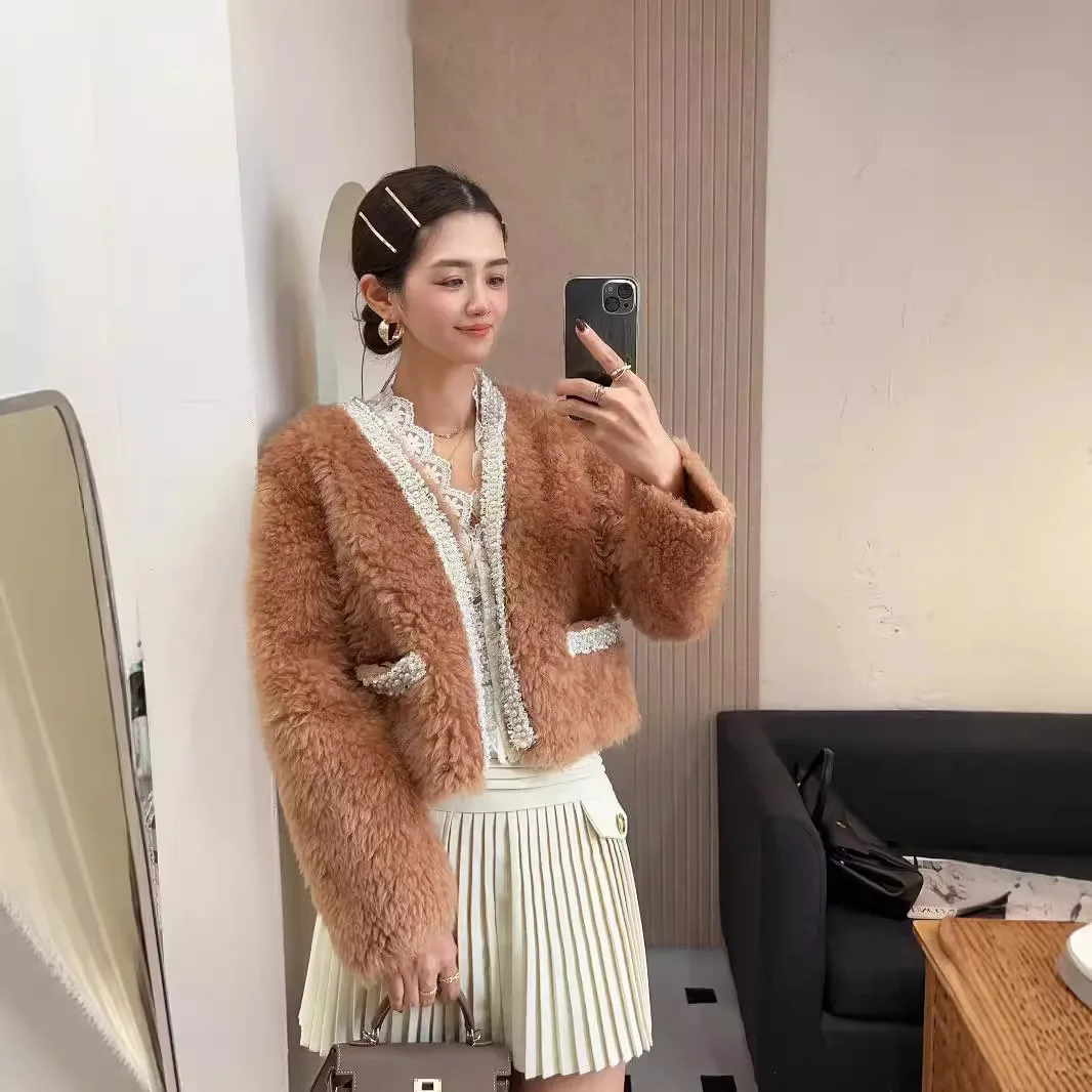 2024 Inverno Nuovo Sle ort Pelliccia di Agnello Jaet Cappotto Integrato in Pelle di Lana Anti-Invecchiamento da Donna Lungo Sve ket