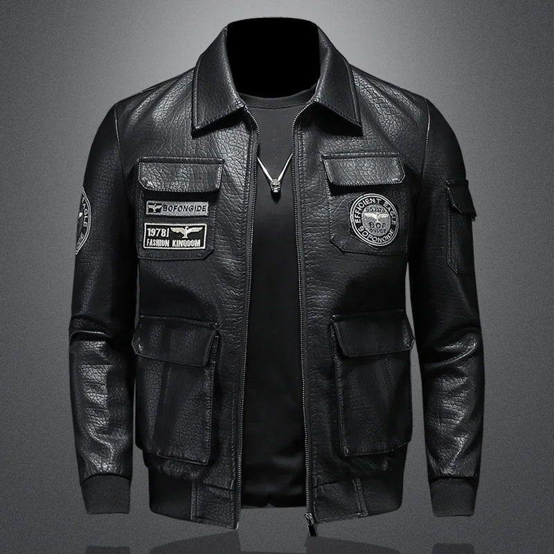 

2026 Spring And Autumn New Military Style Pilot Jacket Large Size Slim Fit Turn-Down Collar Embroidered Men's Leather Coat