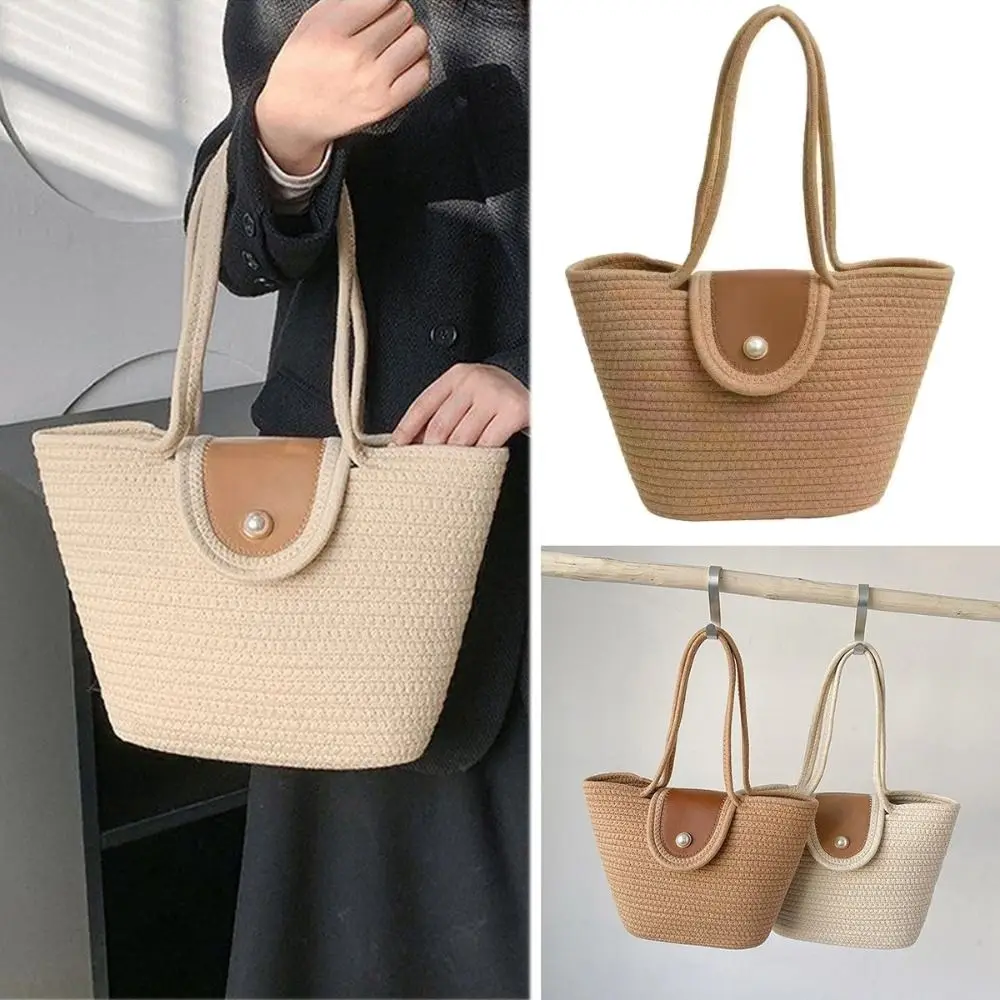 

Cotton Rope Tote Bag Casual Pearl Braided Shoulder Bag Large Capacity Underarm Bag